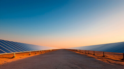 Solar Panels in Desert at Sunset