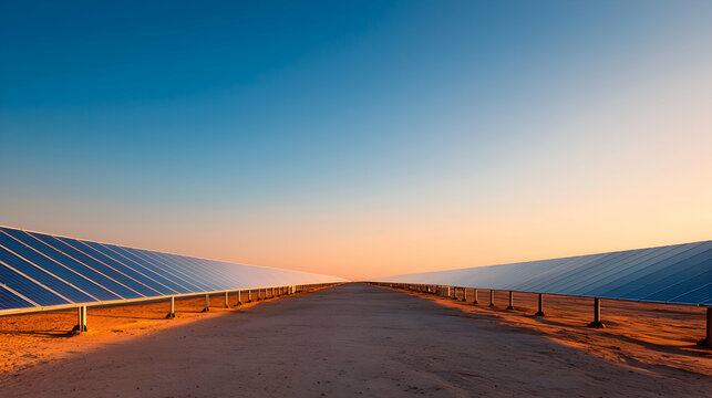 Solar Panels in Desert at Sunset