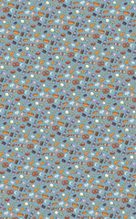 Seamless food and drinks pattern featuring colorful illustrations of delicious meals, beverages, fruits, and kitchen items — perfect for packaging, textiles, and menu design.