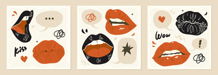 Set of square banner, card, social media post with hand drawn mouths and lips with speech bubbles. Conversation design background in retro colors. Paper cut shapes, pop art style. Vector illustration