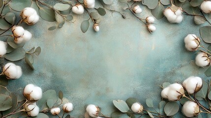 Fototapeta premium Elegant cotton flowers and eucalyptus leaves on teal background card soft frame white green plant