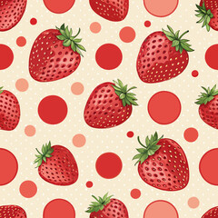 Design a charming 2D background featuring a repeating polka dot pattern composed of realistically rendered strawberries.
