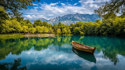 Obraz premium Mountain lake boat serene reflection summer travel