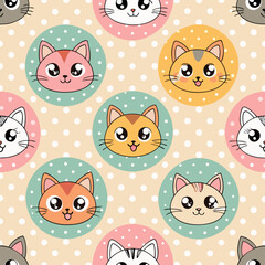 Obraz premium Design a charming 2D background featuring a repeating polka dot pattern interspersed with cute cartoon cats in various poses.