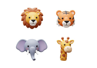 Collection of Playful Cartoon Animal Heads Featuring Lion Tiger Elephant and Giraffe on Transparent Background