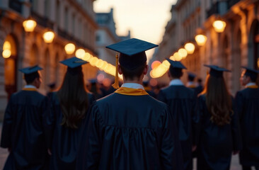 Obraz premium Back view of group of under evening sky with fairy lights around, cinematic style, graduation party