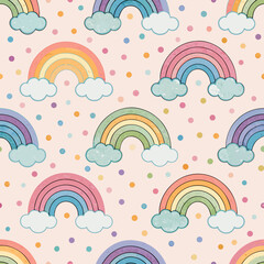 Design a 2D pastel rainbow polka dot background pattern.  High resolution, seamless repeat.
