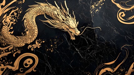 Picture of a golden dragon pattern on a black stone