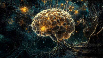 Glowing brain tree; intricate roots, cosmic background, neural connections, abstract art.