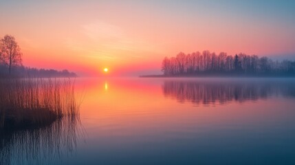 Obraz premium Tranquil dawn breaks over a calm lake with reeds and distant trees reflected in the still waters, painted in vibrant hues of orange and pink