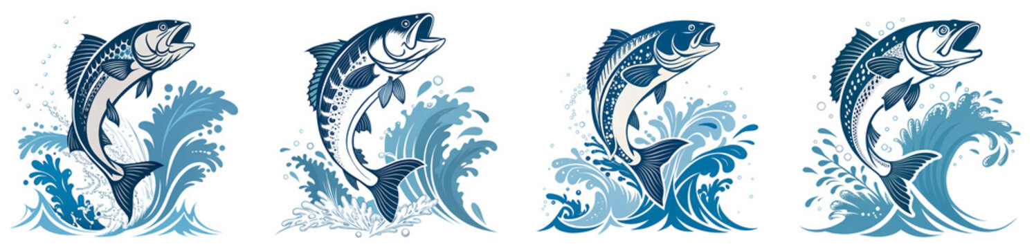 Tribal Fish Illustrations &ndash; Jumping Salmon, Trout, and Freshwater Species in Stylized Black Design for Tattoos and transparent background