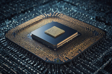 Close-Up of a Microchip on a Circuit Board. Generative AI.