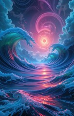 A vibrant painting depicting dynamic ocean waves crashing against the shore, illuminated by a golden sun setting on the horizon, casting warm hues across the sky and water.