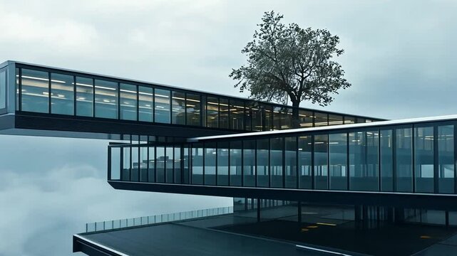 Futuristic architecture concept with skybridge and tree, visualization of modern building
