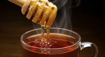 Pouring honey into tea cup with wooden dipper for sweetening hot beverage