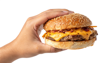 a Hand holding burger isolated on white background