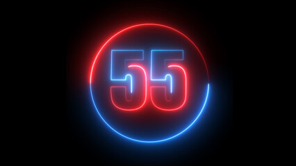 Neon number fiftyfive red and blue glowing digits on black background