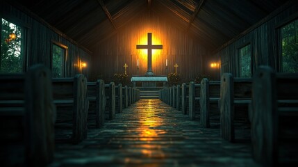 Fototapeta premium Rustic church interior bathed in golden light