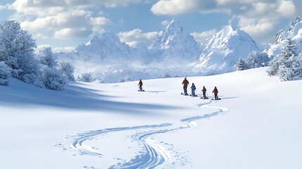 A family snowshoeing across a snowy field, their tracks leaving a winding trail as they explore the winter wonderland with snowy peaks in the distance.