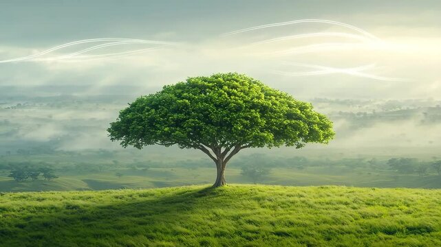 Solitary Sentinel: A vibrant and full tree stands proudly against the soft rolling landscape under the expansive sky. Capturing the strength of nature and the beauty of solitude. 