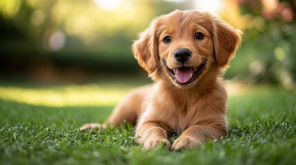 Joyful Golden Retriever Puppy Relaxing on Green Grass in a Sunny Garden setting, a portrait of canine happiness and domestic animal companionship