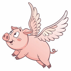 Create a vector illustration of a bold-outlined, cartoon pig flying, in a dynamic pose, with a playful expression.  Use a 2D style.