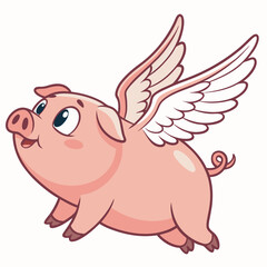 Create a vector illustration of a bold-lined, cartoon pig flying with exaggerated features.  Include vibrant colors and a playful style.
