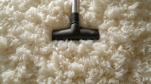 Vacuum cleaner nozzle resting on a fluffy white rug, highlighting its cleaning capabilities
