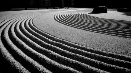 Japanese Zen Garden Raked Gravel Pattern with Rock Elements &ndash; Minimalist Aesthetic