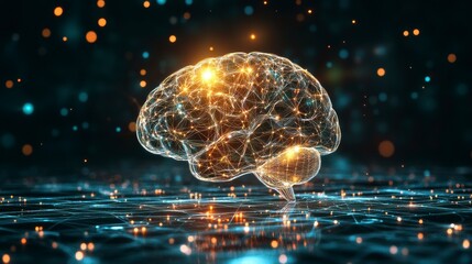 Glowing digital brain network, neural connections, artificial intelligence concept.