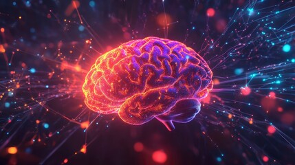 Glowing human brain with neural network connections.