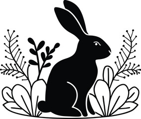 Elegant Black Rabbit Vector Design with Floral Elements