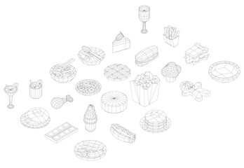 A table with many different shaped plates and bowls. The table is filled with various types of food and drinkware. Isometric view