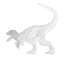 A dinosaur is shown in a black and white drawing. The dinosaur is large and has a long tail. The drawing is simple and has a moody feel to it