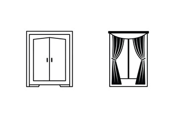 Minimalist Wardrobe And Window With Curtains In Simple Outline Style Illustration