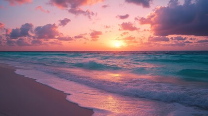 Fototapeta premium Stunning sunrise over calm beach in cancun, mexico with vibrant orange and pink skies reflecting on crystal clear water, idyllic coastal landscape and tranquil seaside view 
