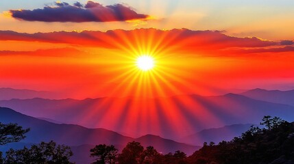 Fototapeta premium Mountain Sunset Rays Landscape, Dramatic Sky, Peaceful View, Travel Poster