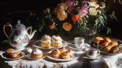 Fototapeta premium Elegant Afternoon Tea Setup with Delicious Pastries and Floral Cups