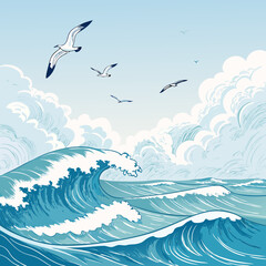 Fototapeta premium Create a bold, vector illustration of stylized 2D ocean waves receding, emphasizing strong, thick outlines. High contrast, clean lines.