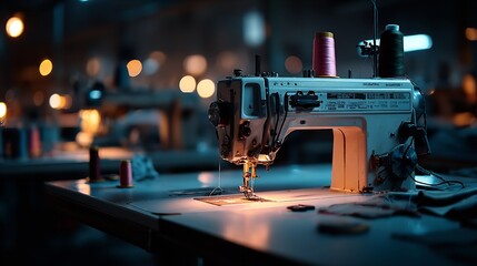 Fototapeta premium Modern Sewing Machine on Work Table in Textile Factory – Creative Night Mood with Color Grading for Production Concept