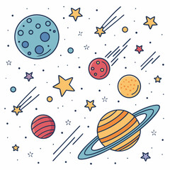Design a bold, vector illustration of a 2D space background featuring geometric shapes and vibrant color gradients.  Include stars and nebulae elements. © adobe1 stock