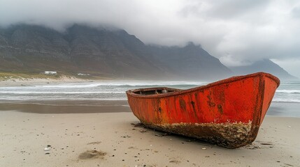 Rusty red boat on a sandy beach, dramatic overcast sky and mountains in the background