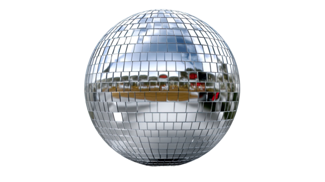 Mirror Ball's dazzling reflection: A classic disco ball casts a dazzling array of light reflections. Evoking the ambiance of a vibrant night club and a sense of celebration.