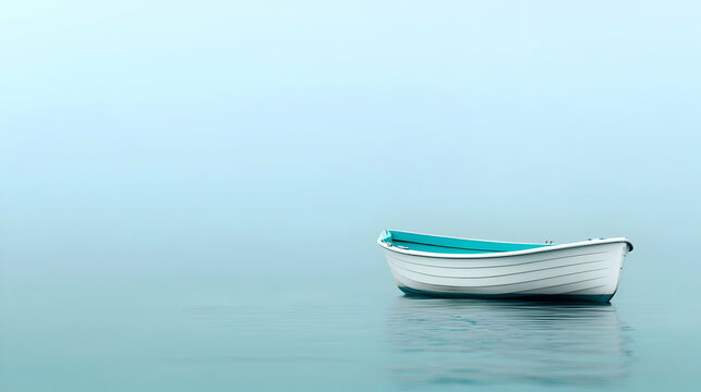 Small White and Teal Boat on Calm Foggy Water