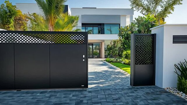 Modern black gate entrance to a luxury villa with a paved driveway