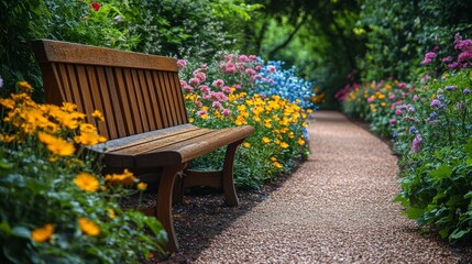 Obraz premium Inviting Garden Retreat: Wooden Bench Amidst Blooming Flowers, Serene Pathway Through a Lush Landscape, A Perfect Sanctuary For Peaceful Contemplation