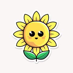 A cute and simple kawaii-style illustration of a sunflower with a smiling face and big round eyes