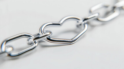 Paper clip chain close-up on white with one clip bent into heart shape