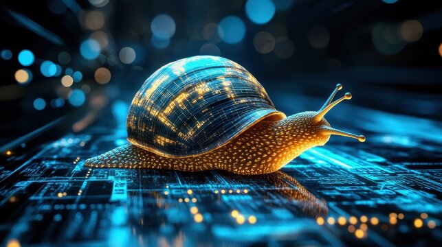 Glowing snail crawls slowly across a digital circuit board. Use to visualize slow internet, progress, or outdated technology.