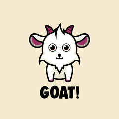 A cute and simple cartoon illustration of a white goat with small purple horns and ears, big round eyes, and a smiling mouth